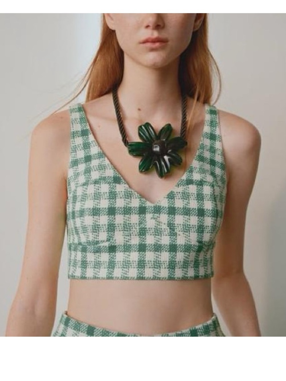 ZARA Green and White Checkered (Gingham) Crop Top